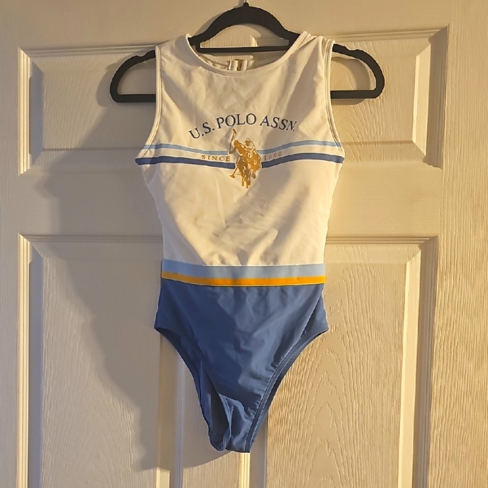 U.S. Polo Assn. White and Blue Swimsuit with Gold Accent
